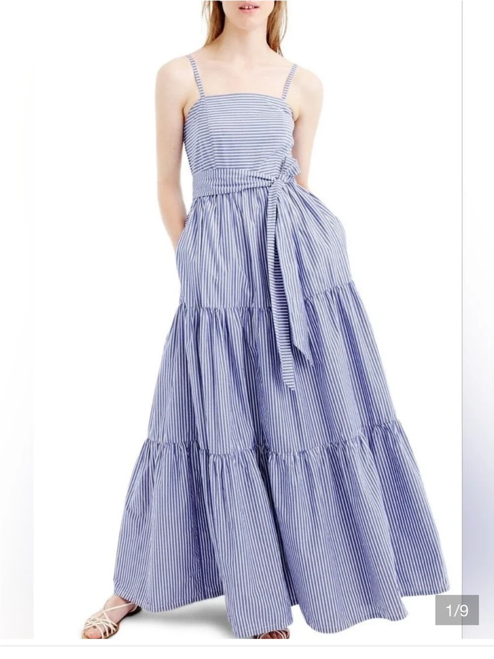 J.Crew Blue White Stripe Tiered Cotton Maxi Sundress Belted Pockets Size 4